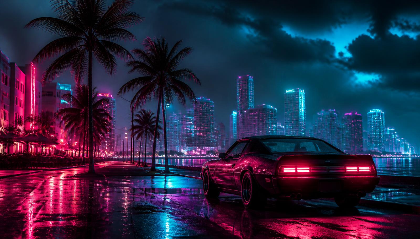 Neon Miami-style skyline at night with a muscle car on wet asphalt